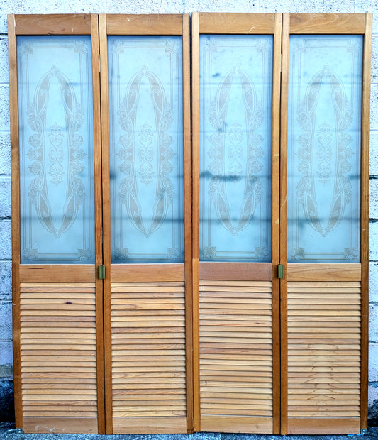 59"x78" Set of Vintage Antique Old Reclaimed Salvaged Wooden Wood Interior Doors Louver Etched Textured Frosted Glass