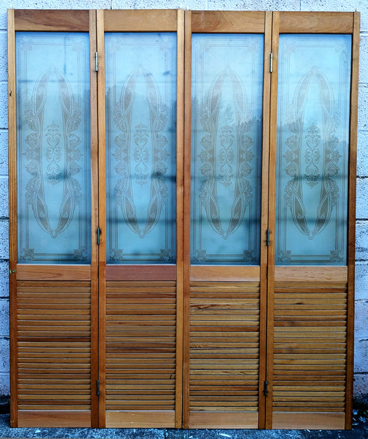 59"x78" Set of Vintage Antique Old Reclaimed Salvaged Wooden Wood Interior Doors Louver Etched Textured Frosted Glass