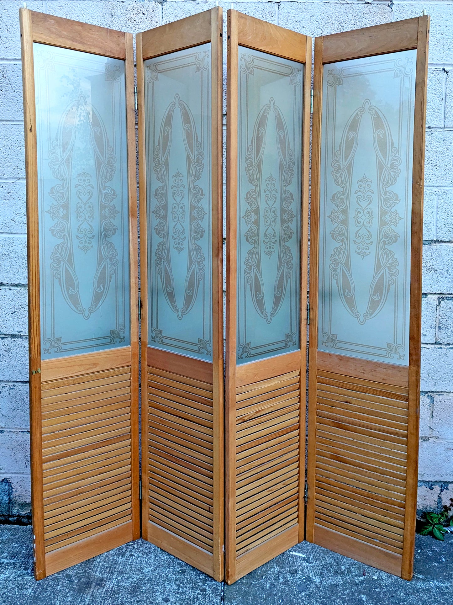 59"x78" Set of Vintage Antique Old Reclaimed Salvaged Wooden Wood Interior Doors Louver Etched Textured Frosted Glass