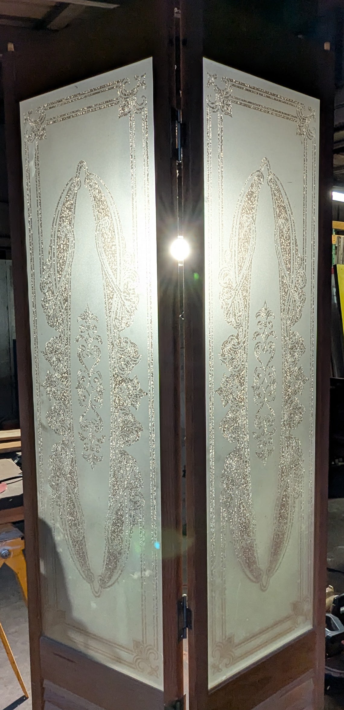 59"x78" Set of Vintage Antique Old Reclaimed Salvaged Wooden Wood Interior Doors Louver Etched Textured Frosted Glass