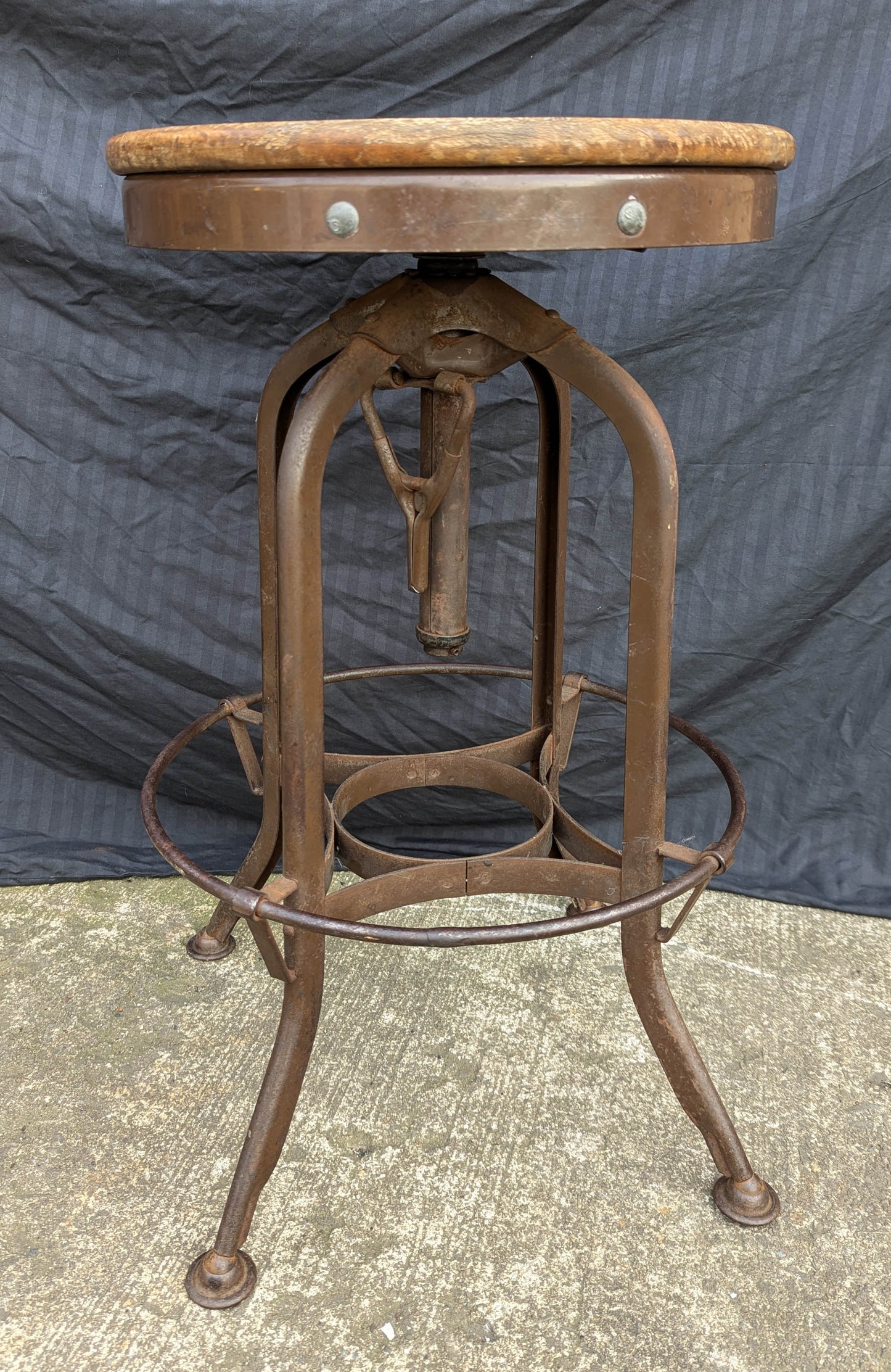 25"H Antique Vintage Old "Toledo Metal Funriture Co." "UHL Steel" Wood Wooden Drafting Industrial Work Bar Stool Chair Stand