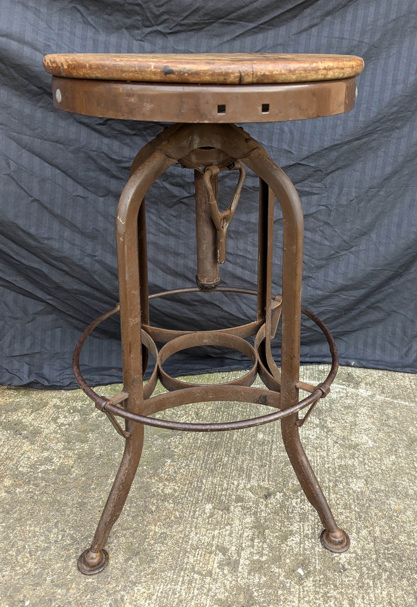 25"H Antique Vintage Old "Toledo Metal Funriture Co." "UHL Steel" Wood Wooden Drafting Industrial Work Bar Stool Chair Stand