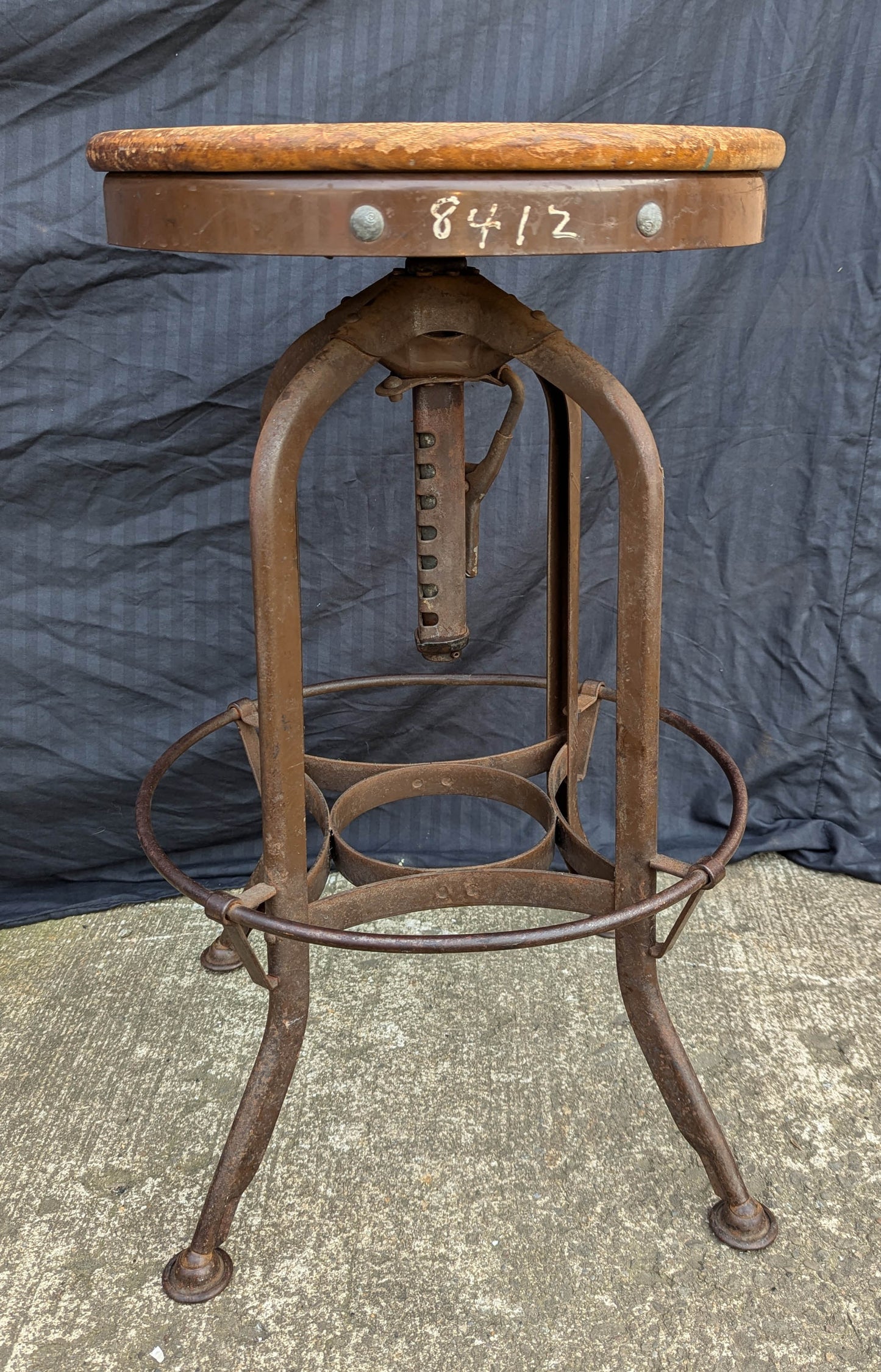 25"H Antique Vintage Old "Toledo Metal Funriture Co." "UHL Steel" Wood Wooden Drafting Industrial Work Bar Stool Chair Stand