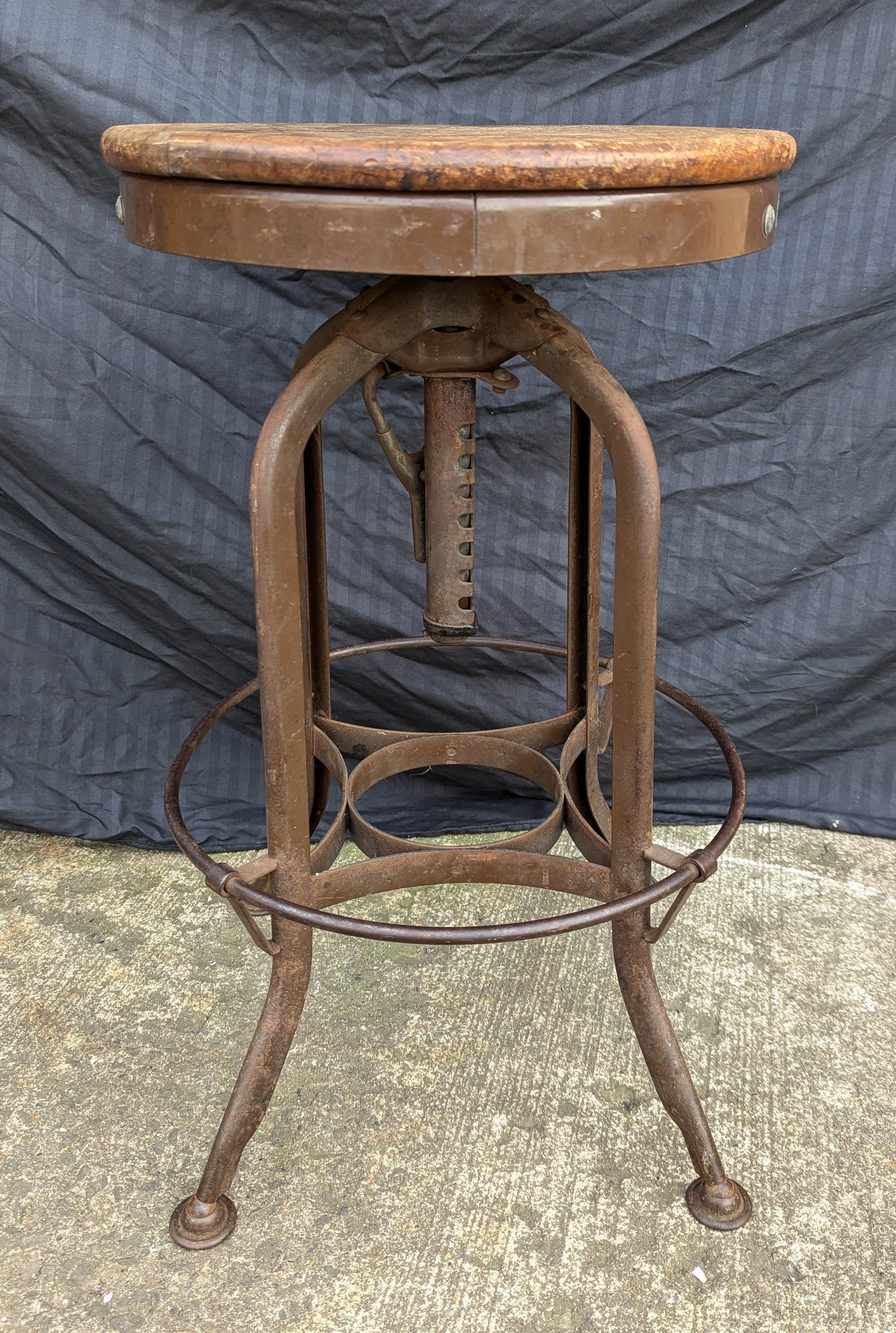 25"H Antique Vintage Old "Toledo Metal Funriture Co." "UHL Steel" Wood Wooden Drafting Industrial Work Bar Stool Chair Stand