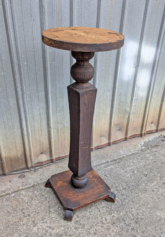 12" Round Antique Vintage Old Solid Oak Wood Wooden Lamp End Side Accent Pedestal Table Plant Stand