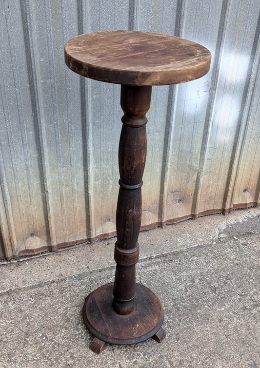 12" Round Antique Vintage Old Solid Pine Wood Wooden Lamp End Side Accent Pedestal Table Plant Stand