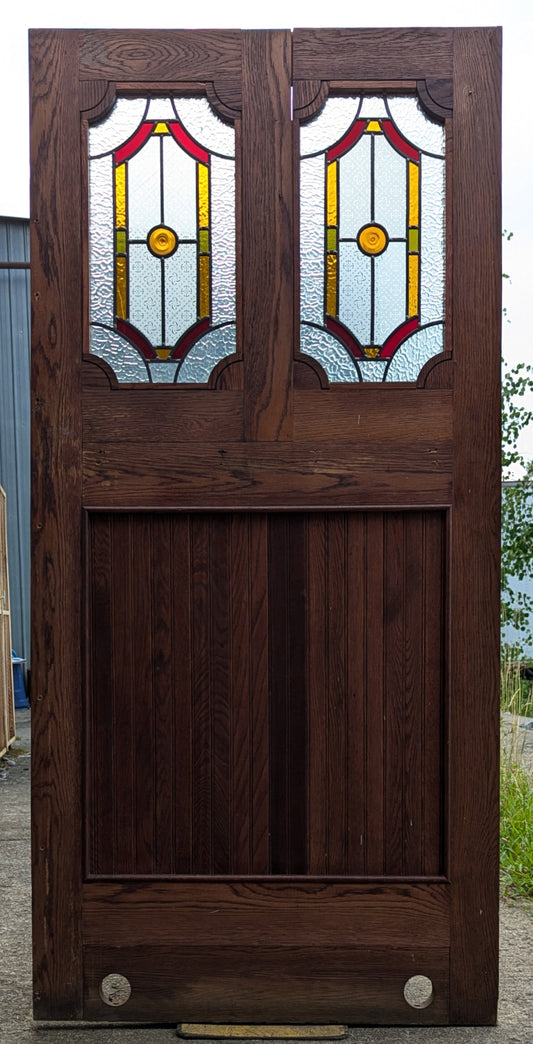 38"x78"x1.75" Vintage Old Salvaged Reclaimed SOLID Oak Room Divider Wall Panel Stained Glass Window