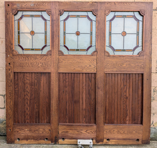 79"x78"x1.75" Vintage Old SOLID Oak Wood Wooden Room Divider Wall Panel Leaded Stained Textured Etched Glass Windows Doors