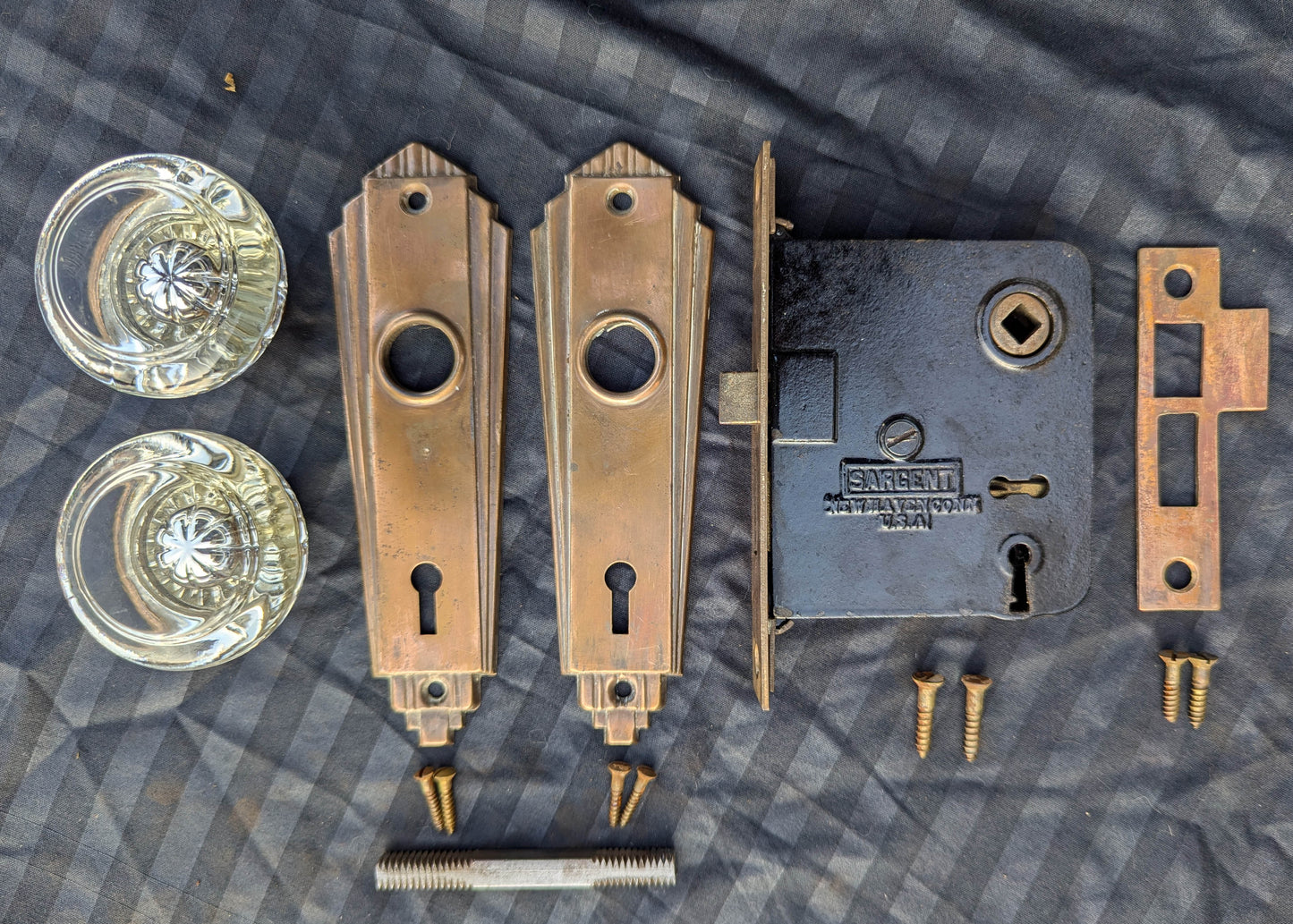 Antique Vintage Old Salvaged Reclaimed "Sargent" Art Deco Bronze Steel Door Set Round Glass Knob Brass Steel Plate Lock Lockset