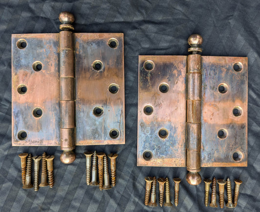 4 available Pair 5"x5" CLEANED RESTORED Antique Vintage Old Reclaimed Salvaged Victorian SOLID Cast Brass Copper Exterior Entry Door Hinges Ball Tip Finials