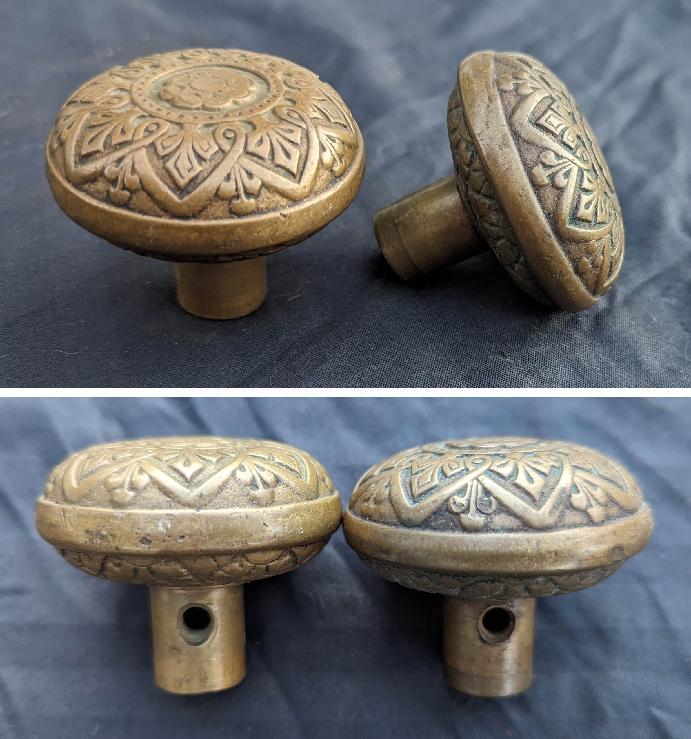 Pair (2 knobs) antique cast brass Concentric Pattern selling door knobs, vintage