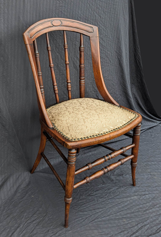 Antique Vintage Old SOLID Walnut Wood Wooden Carved Side Dining Accent Desk Chair Fabric Seat