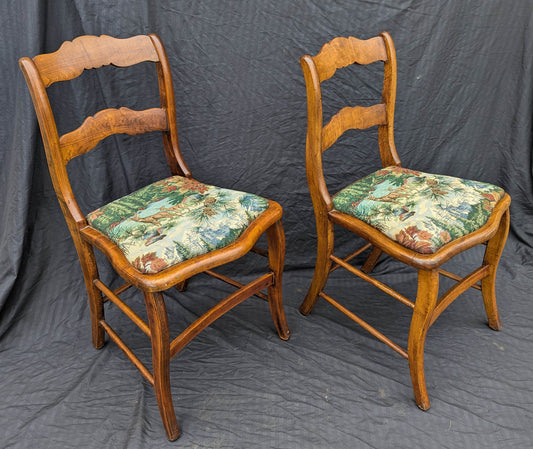 Pair Vintage Old SOLID Wood Wooden Side Dining Accent Chair Nature Fabric Upholstered Seat