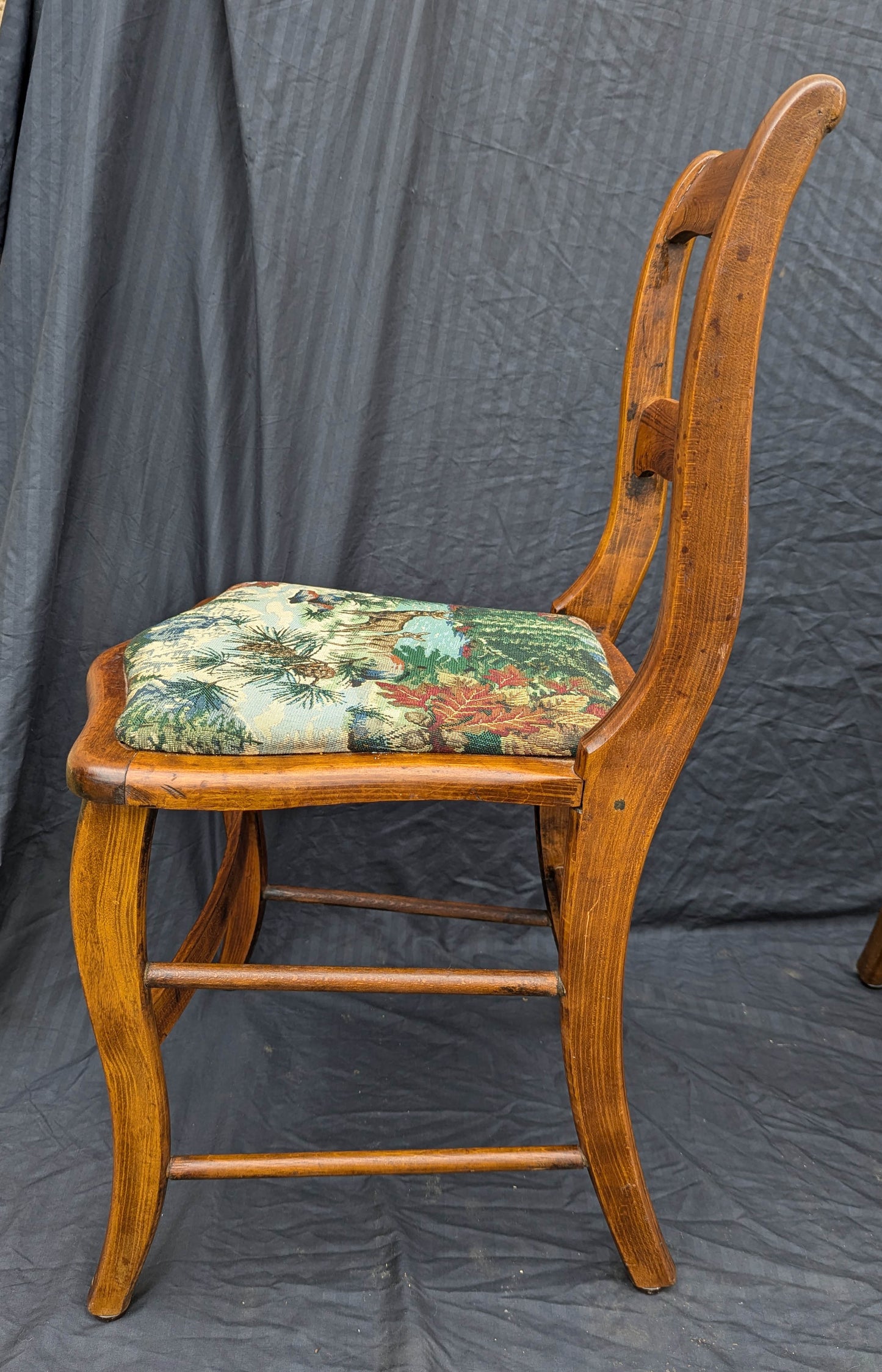 Pair Vintage Old SOLID Wood Wooden Side Dining Accent Chair Nature Fabric Upholstered Seat