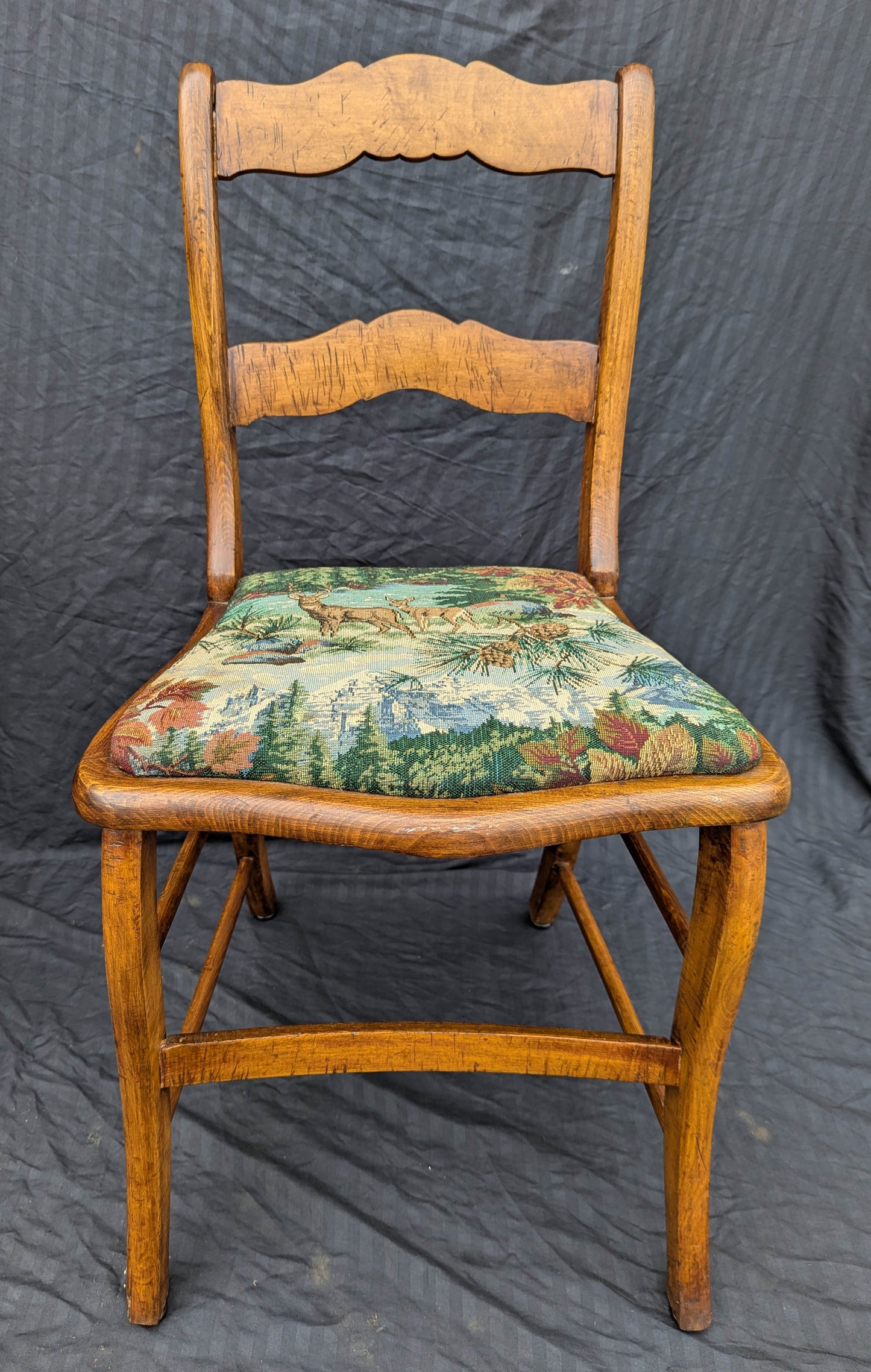 Pair Vintage Old SOLID Wood Wooden Side Dining Accent Chair Nature Fabric Upholstered Seat