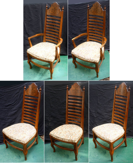 Set 5 Vintage Antique Old Reclaimed Salvaged Drexel Ladderback Wood Wooden Fabric Dining Chair Armchair