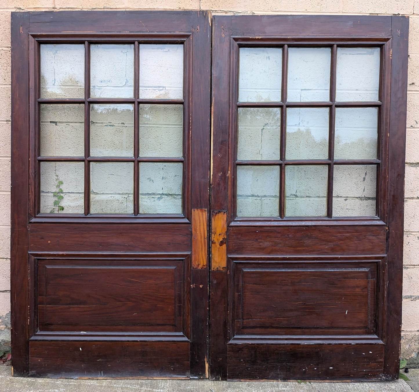 88"x82"x1.75" Pair Antique Vintage Old Reclaimed Salvaged SOLID Wood Wooden Entry Entrance Double Doors 9 Windows Wavy Glass Panels