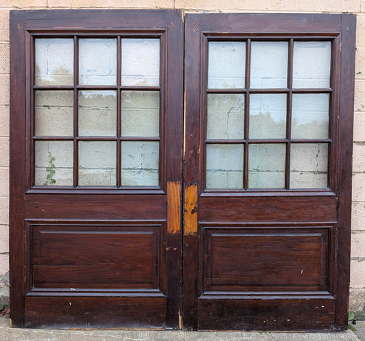 88"x82"x1.75" Pair Antique Vintage Old Reclaimed Salvaged SOLID Wood Wooden Entry Entrance Double Doors 9 Windows Wavy Glass Panels