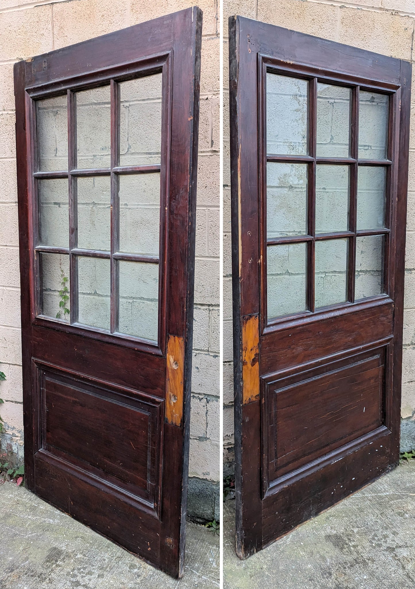 88"x82"x1.75" Pair Antique Vintage Old Reclaimed Salvaged SOLID Wood Wooden Entry Entrance Double Doors 9 Windows Wavy Glass Panels