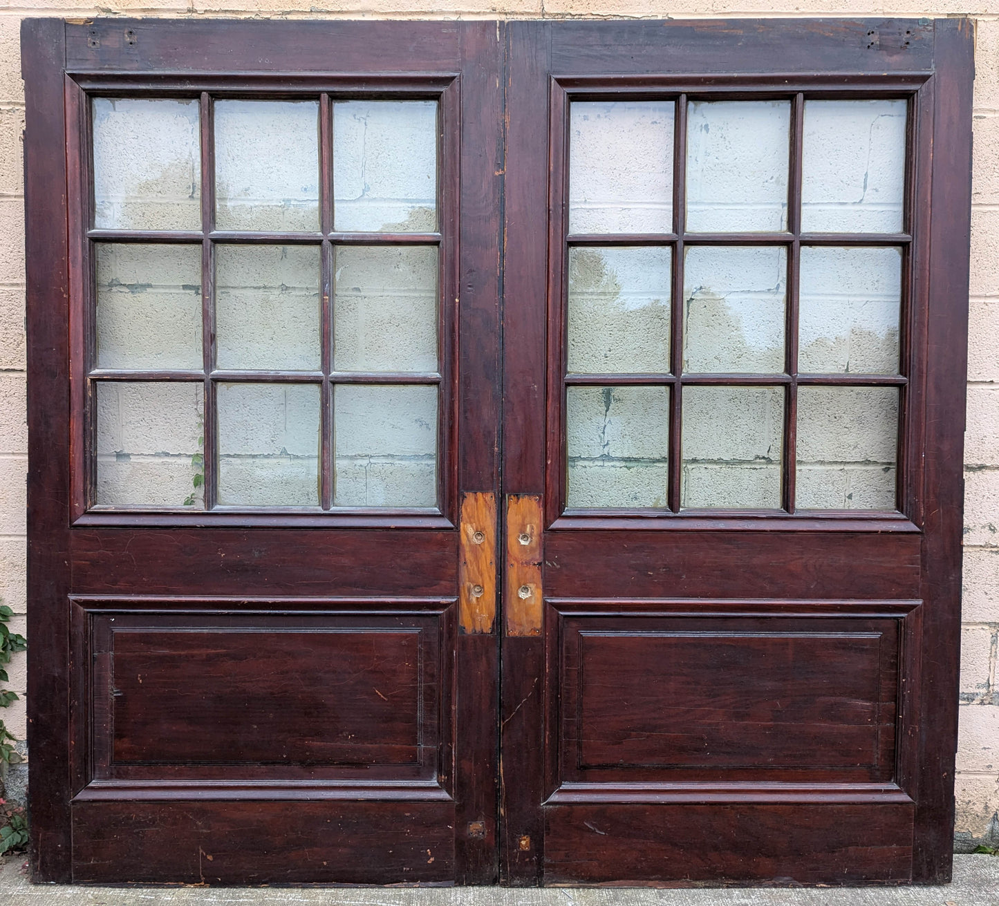 88"x82"x1.75" Pair Antique Vintage Old Reclaimed Salvaged SOLID Wood Wooden Entry Entrance Double Doors 9 Windows Wavy Glass Panels