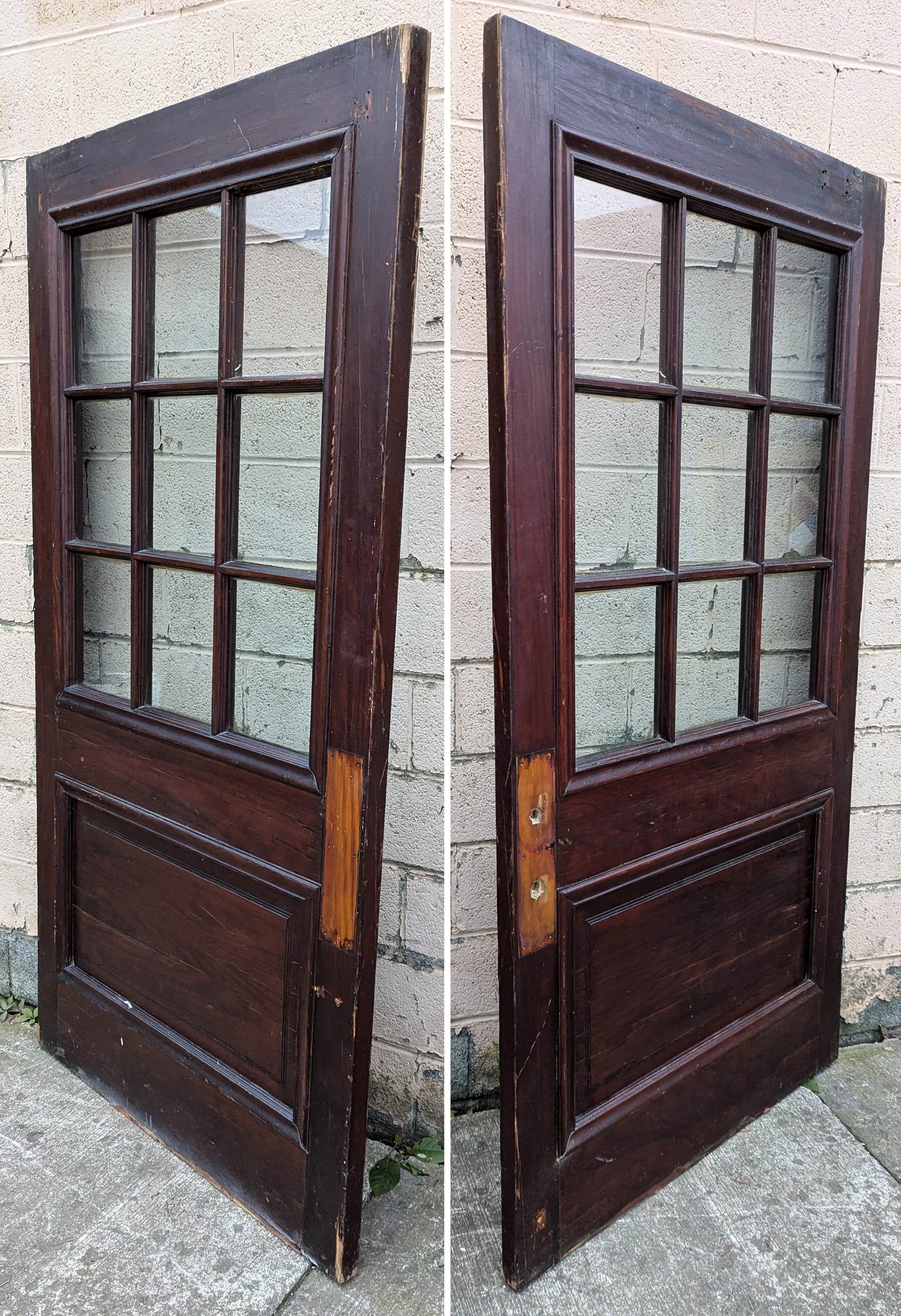 2 Available 44"x82"x1.75 Antique Vintage Old Salvaged Reclaimed SOLID Wood Wooden Hardwood Entry Entrance Panel Doors 9 Windows Wavy Glass