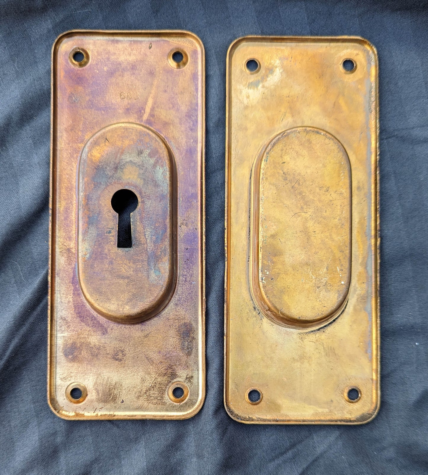 Pair 2.5"x6" Antique Vintage Old Reclaimed Solid Cast Bronze Brass Pocket Door Hardware Pulls Key Plates