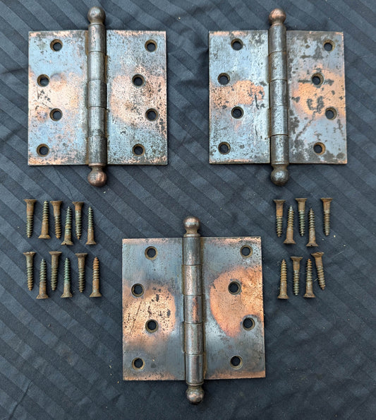 4 Pair available 4"x4" Antique Vintage Old Reclaimed Salvaged Steel Bronze Copper Ball Tip Finial Exterior Entry Door Hinges Screws