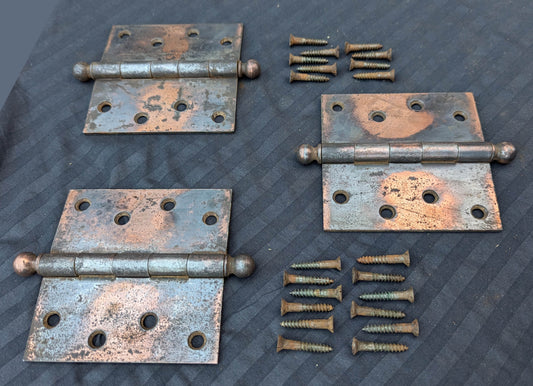 4 Pair available 4"x4" Antique Vintage Old Reclaimed Salvaged Steel Bronze Copper Ball Tip Finial Exterior Entry Door Hinges Screws