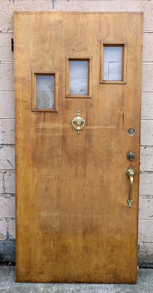 36"x80"x1.75" Vintage Old Reclaimed Salvaged SOLID Wood Wooden Flushed Flat Exterior Entry Front Door 3 Windows Glass