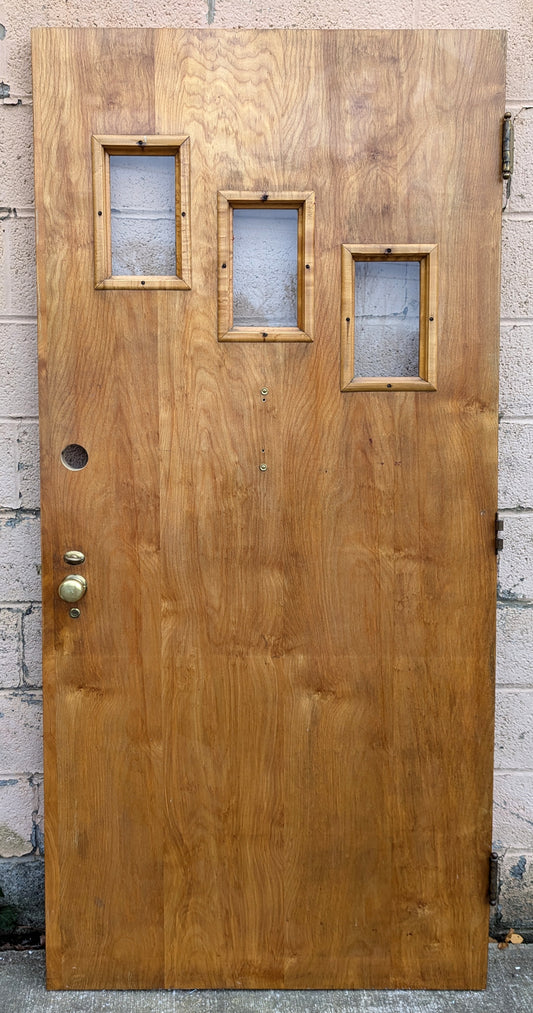 36"x80"x1.75" Vintage Old Reclaimed Salvaged SOLID Wood Wooden Flushed Flat Exterior Entry Front Door 3 Windows Glass