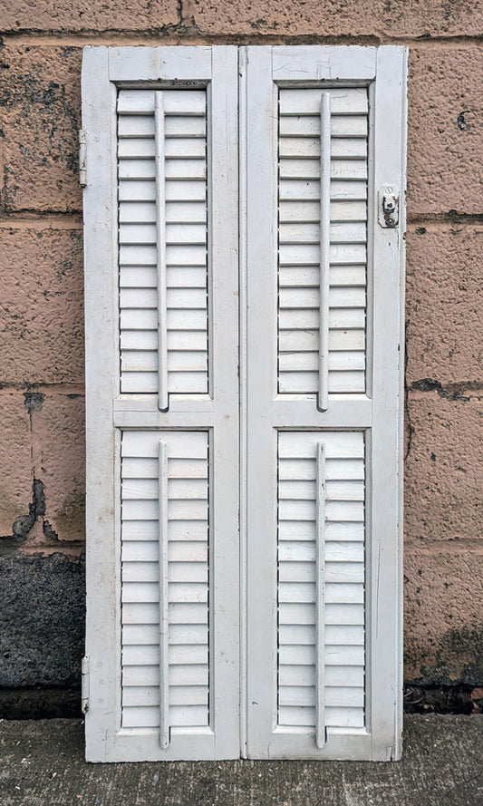 Pair 27.5"x33" Antique Vintage Old SOLID Wood Wooden Bifold Window Shutter Plantation Style Adjustable Louver