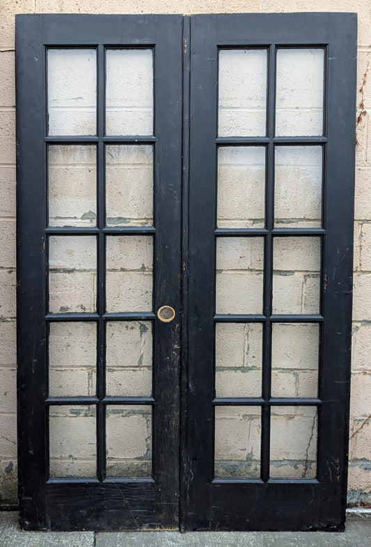 48"x79.5" Pair of Antique Vintage Old Reclaimed Salvaged French Double Interior SOLID Wood Wooden Doors 20 Windows Glass