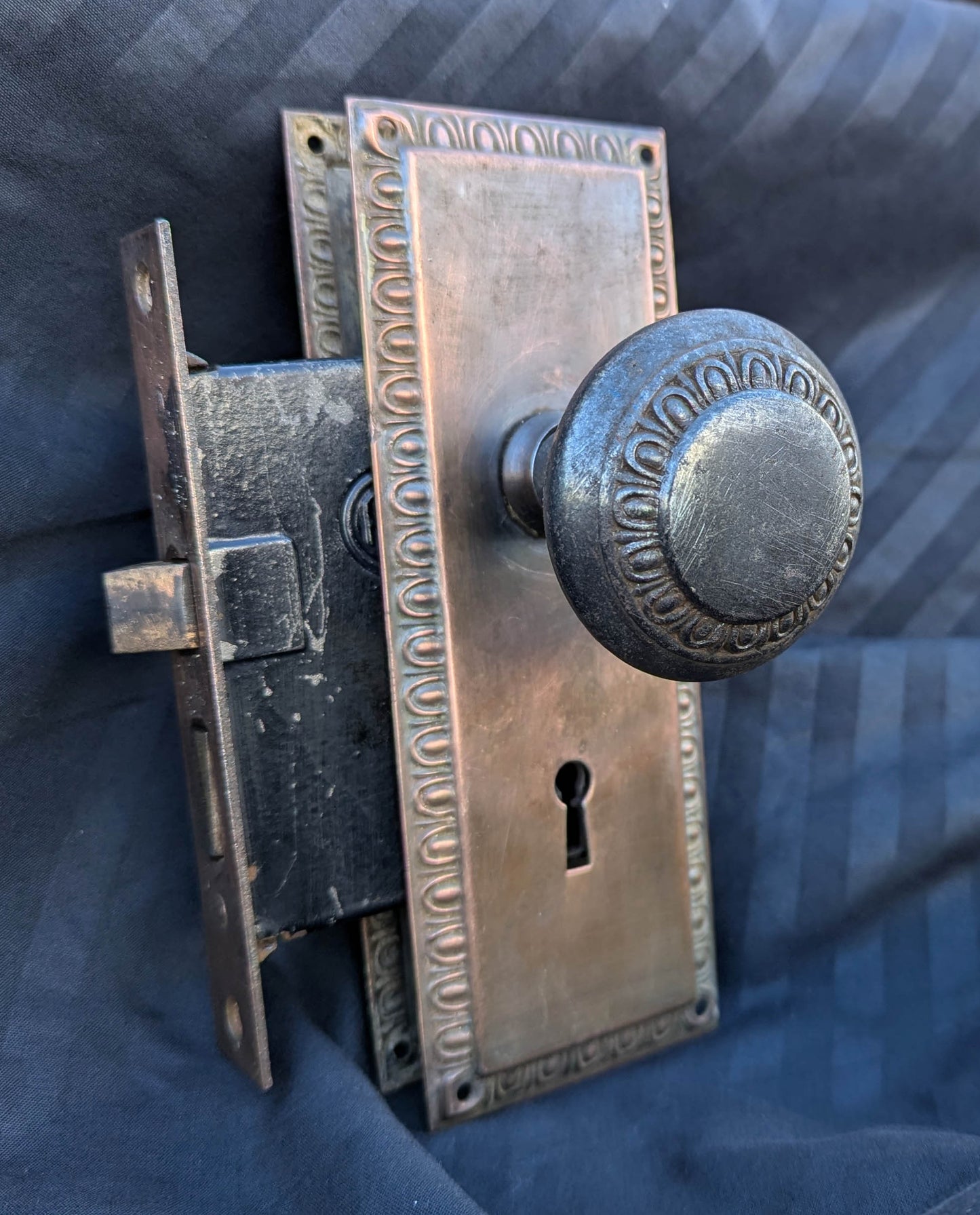 CLEANED Antique Vintage Old Reclaimed Salvaged Interior Egg Dart Steel Door Lockset Knob Plate Lock