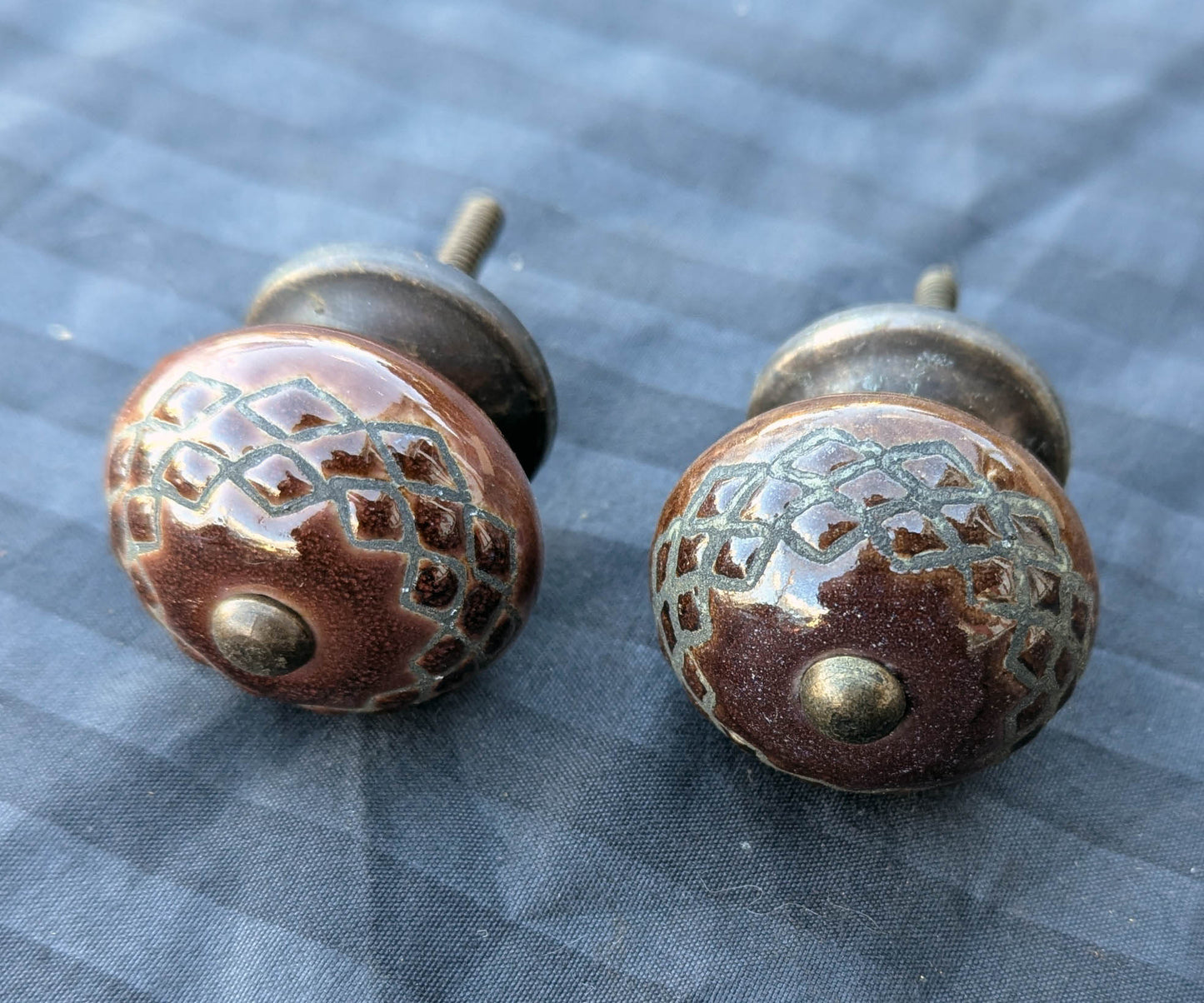 Pair Vintage Old Reclaimed Salvaged Round Brown Pottery Ceramic Dresser Drawer Furniture Knob Pull Handle