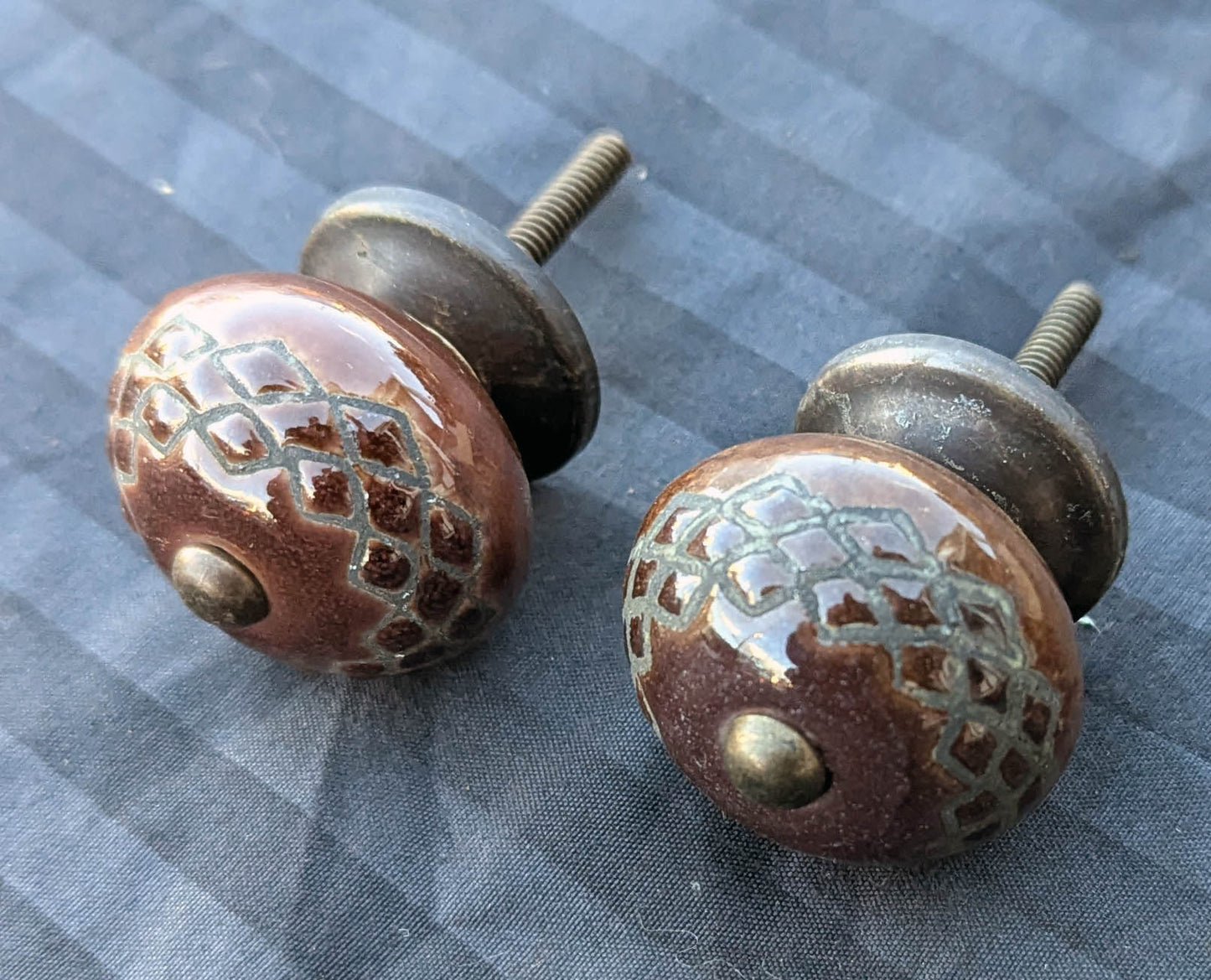 Pair Vintage Old Reclaimed Salvaged Round Brown Pottery Ceramic Dresser Drawer Furniture Knob Pull Handle