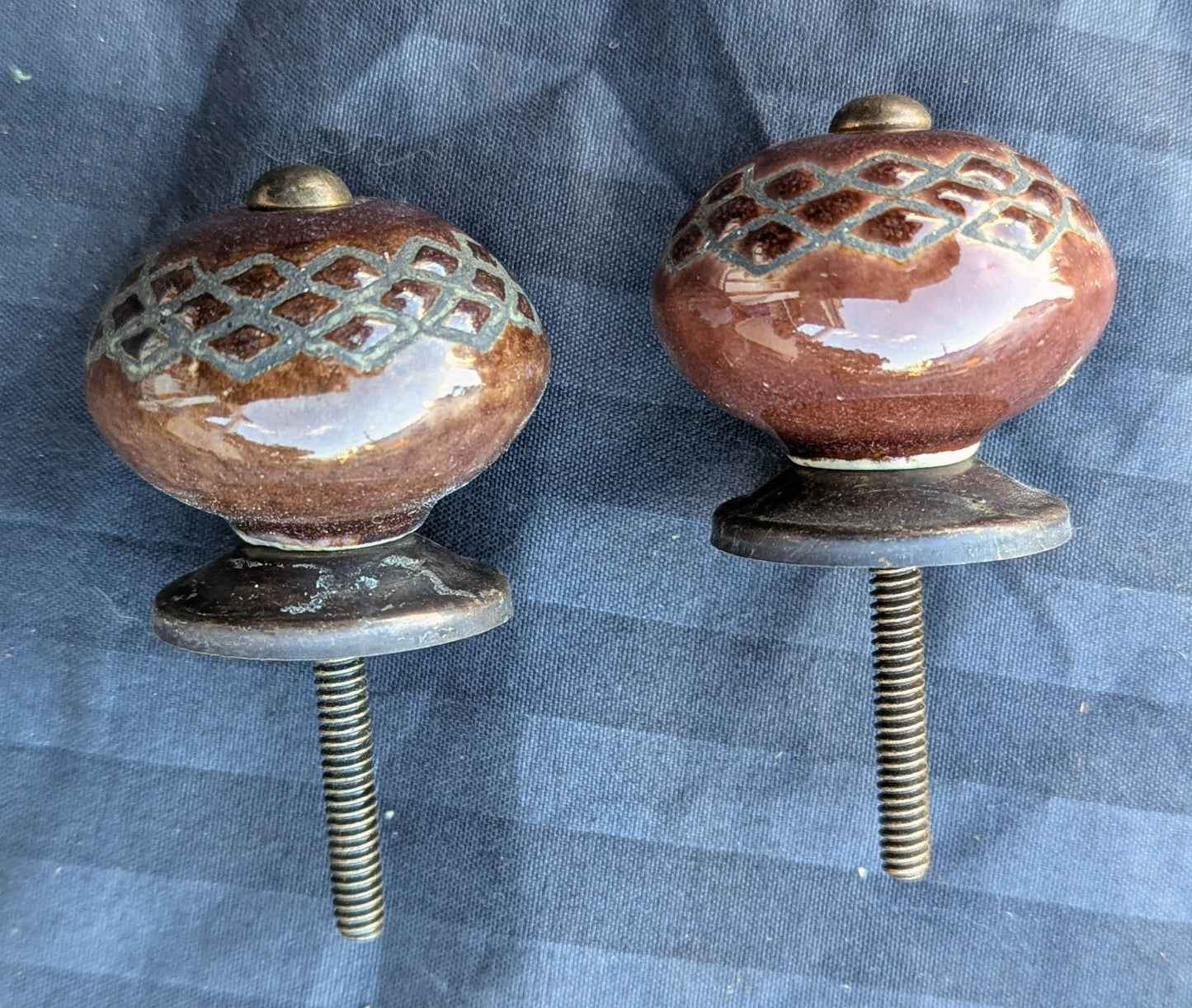 Pair Vintage Old Reclaimed Salvaged Round Brown Pottery Ceramic Dresser Drawer Furniture Knob Pull Handle