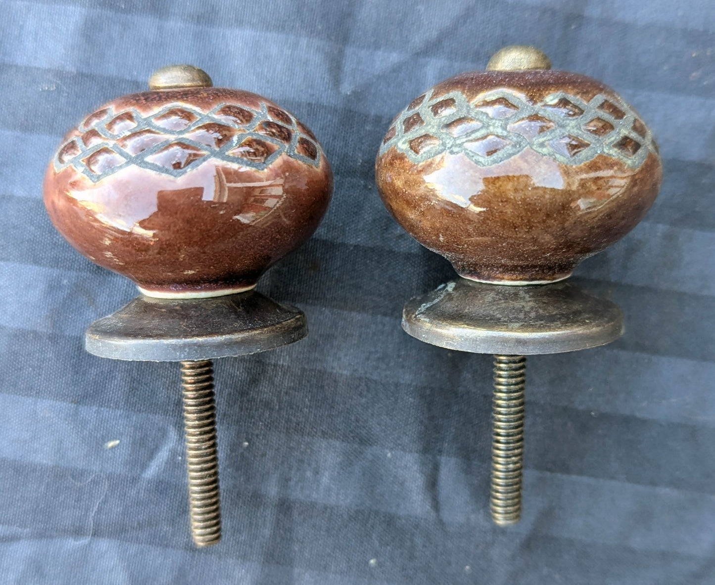 Pair Vintage Old Reclaimed Salvaged Round Brown Pottery Ceramic Dresser Drawer Furniture Knob Pull Handle