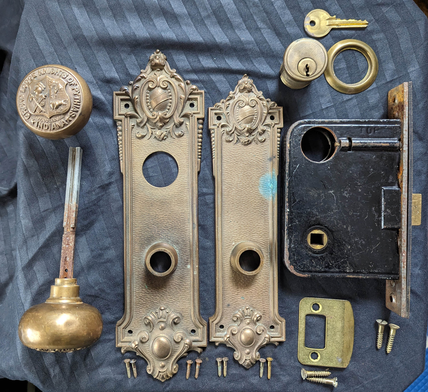 Antique Vintage Old Salvaged Reclaimed Yale Knights of Pythias Exterior Entry Door Set SOLID Bronze Brass Knob Plate Lock Lockset Key Neo Classical