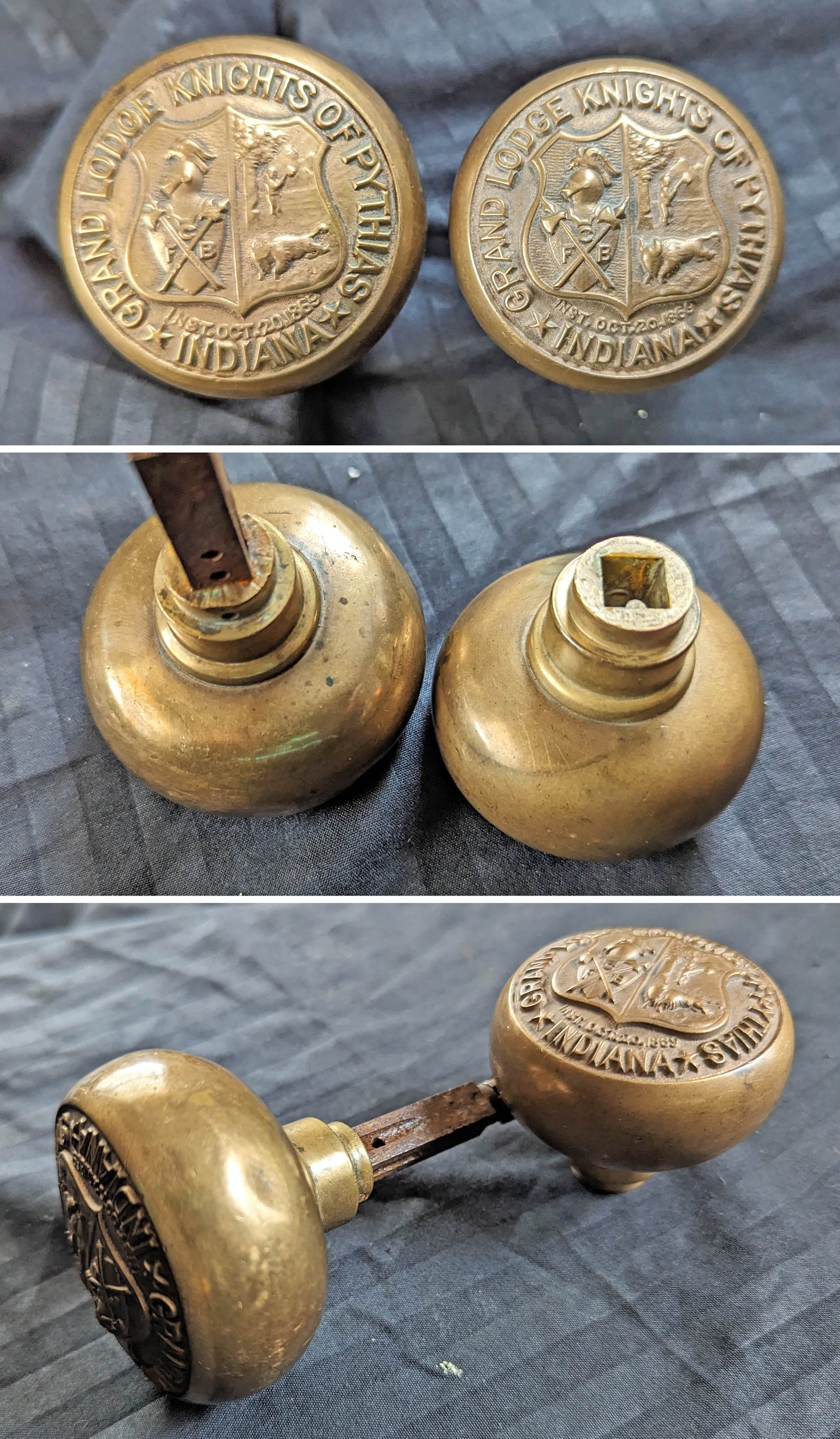 Antique Vintage Old Salvaged Reclaimed Yale Knights of Pythias Exterior Entry Door Set SOLID Bronze Brass Knob Plate Lock Lockset Key Neo Classical