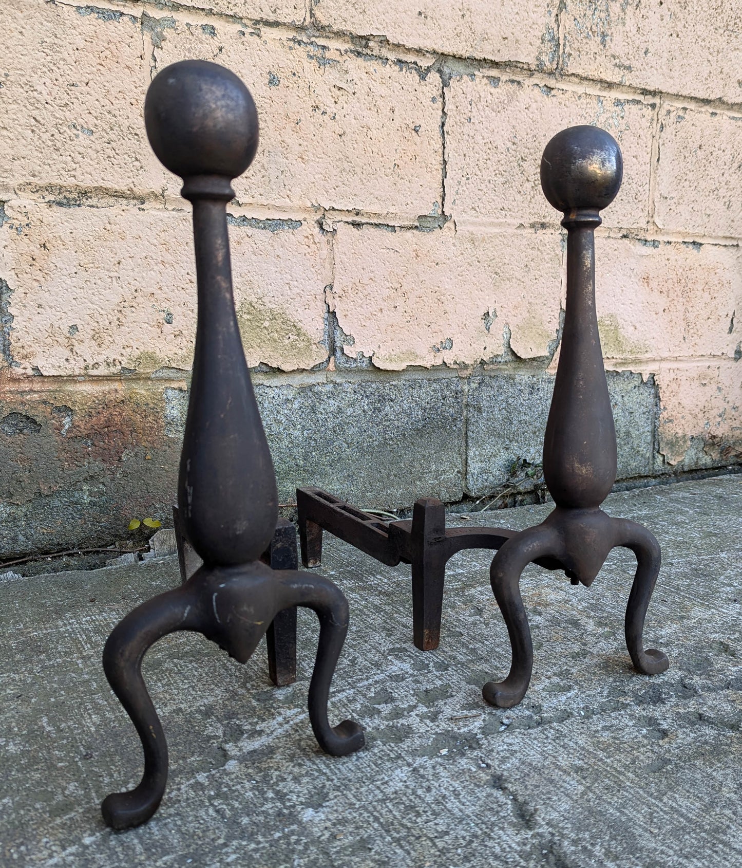 18"H Pair Antique Vintage Old "ADAMS" Cast Iron Cannon Ball Cannonball Federal Fireplace Andirons Fire Dogs Log Holders