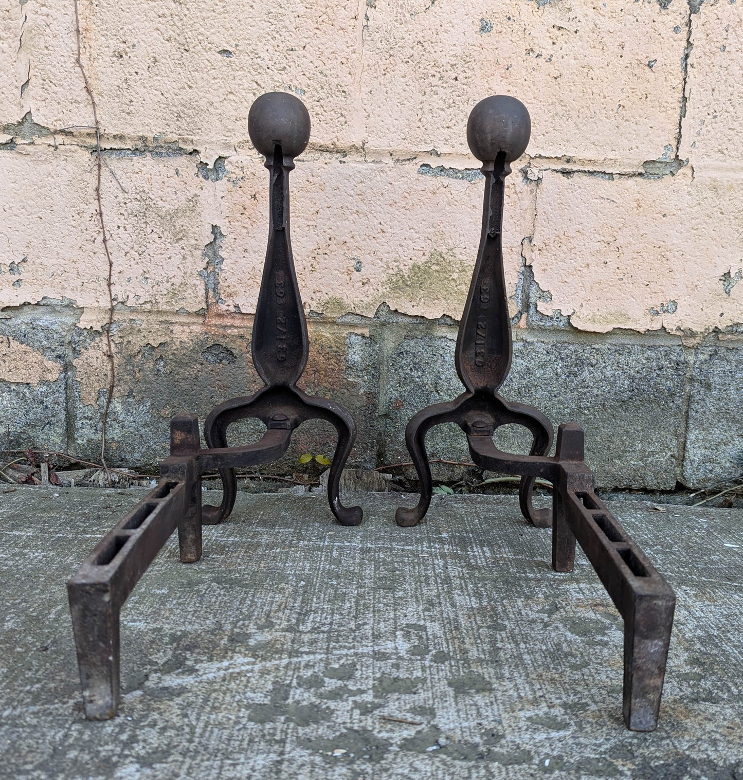 18"H Pair Antique Vintage Old "ADAMS" Cast Iron Cannon Ball Cannonball Federal Fireplace Andirons Fire Dogs Log Holders