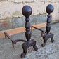 16"H Pair Vintage Antique Old Cast Iron Arts & Crafts Mission Fireplace Andirons Fire Dogs Log Holders