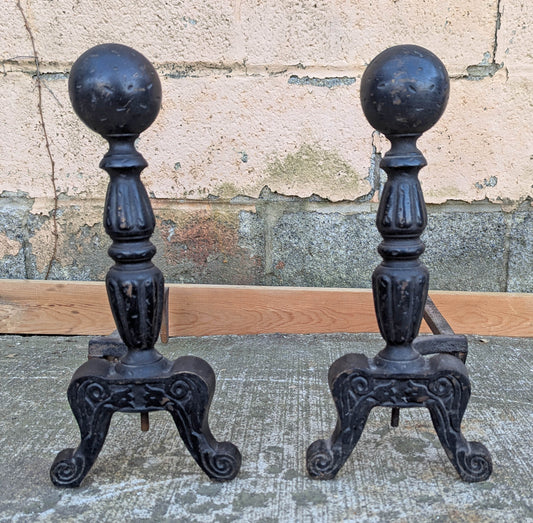 16"H Pair Vintage Antique Old Cast Iron Arts & Crafts Mission Fireplace Andirons Fire Dogs Log Holders