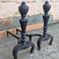 2 available 18"H Pair Vintage Antique Old Cast Iron Arts & Crafts Mission Fireplace Andirons Fire Dogs Log Holders