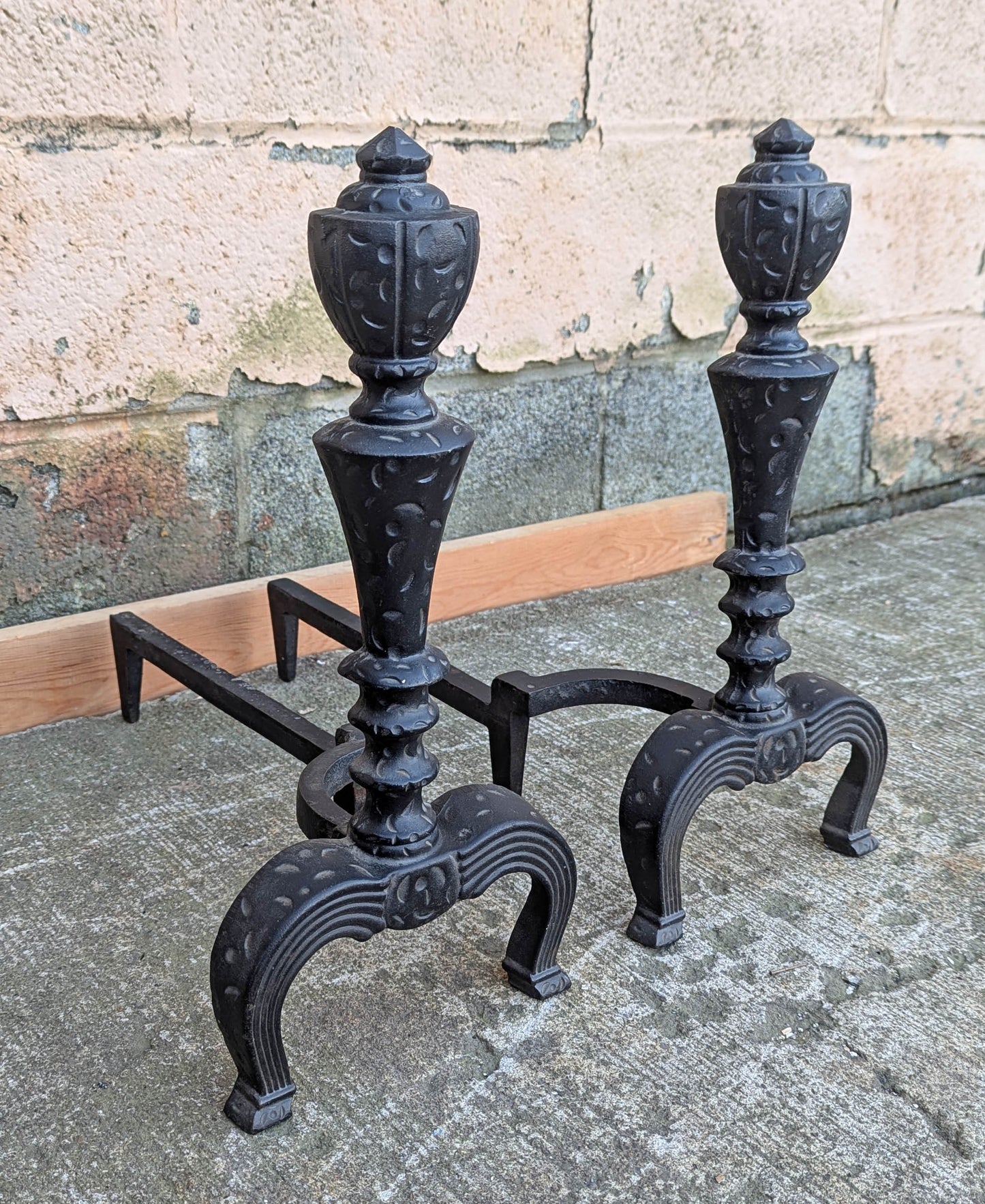 2 available 18"H Pair Vintage Antique Old Cast Iron Arts & Crafts Mission Fireplace Andirons Fire Dogs Log Holders