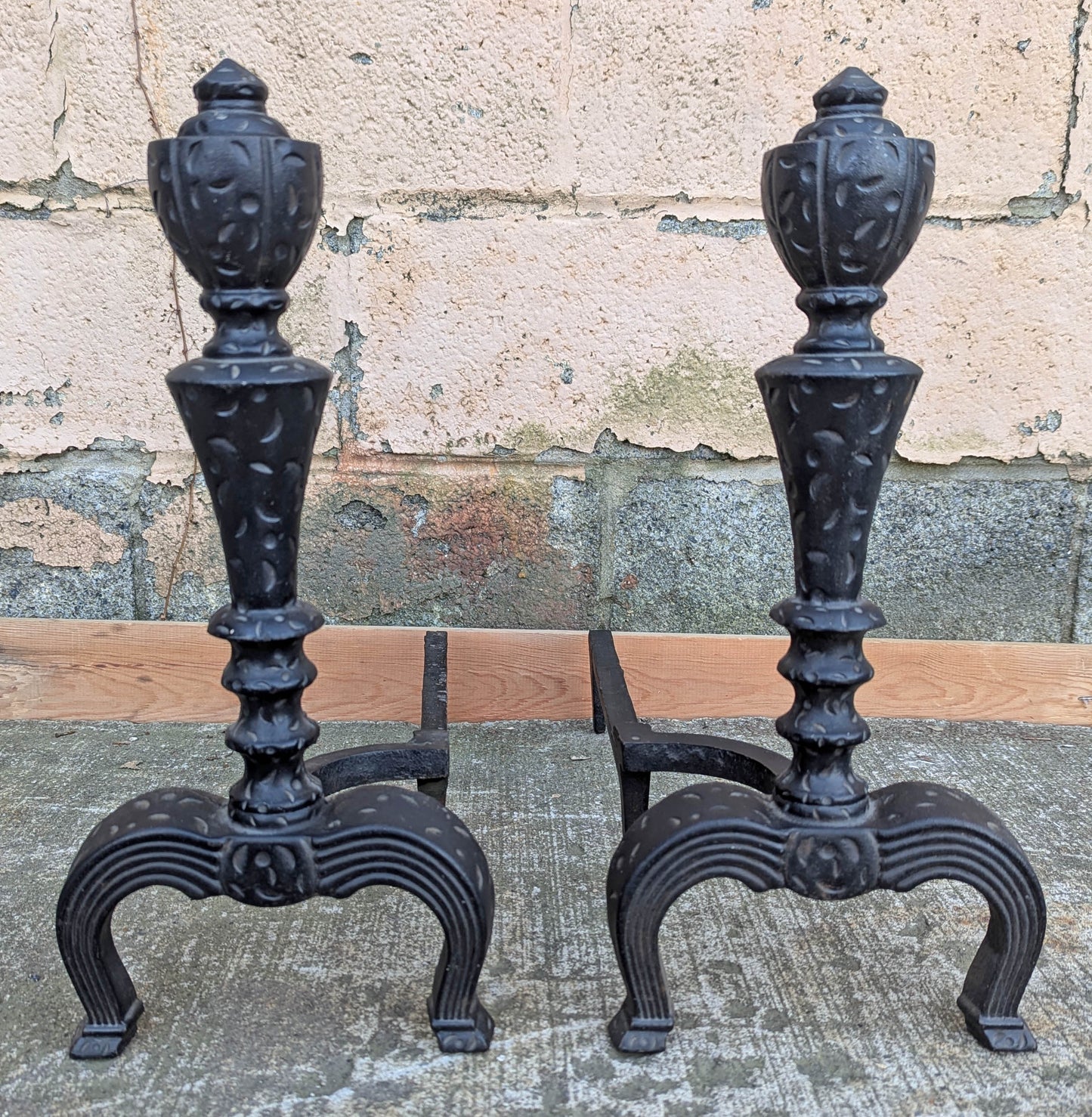 2 available 18"H Pair Vintage Antique Old Cast Iron Arts & Crafts Mission Fireplace Andirons Fire Dogs Log Holders