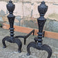 2 available 18"H Pair Vintage Antique Old Cast Iron Arts & Crafts Mission Fireplace Andirons Fire Dogs Log Holders