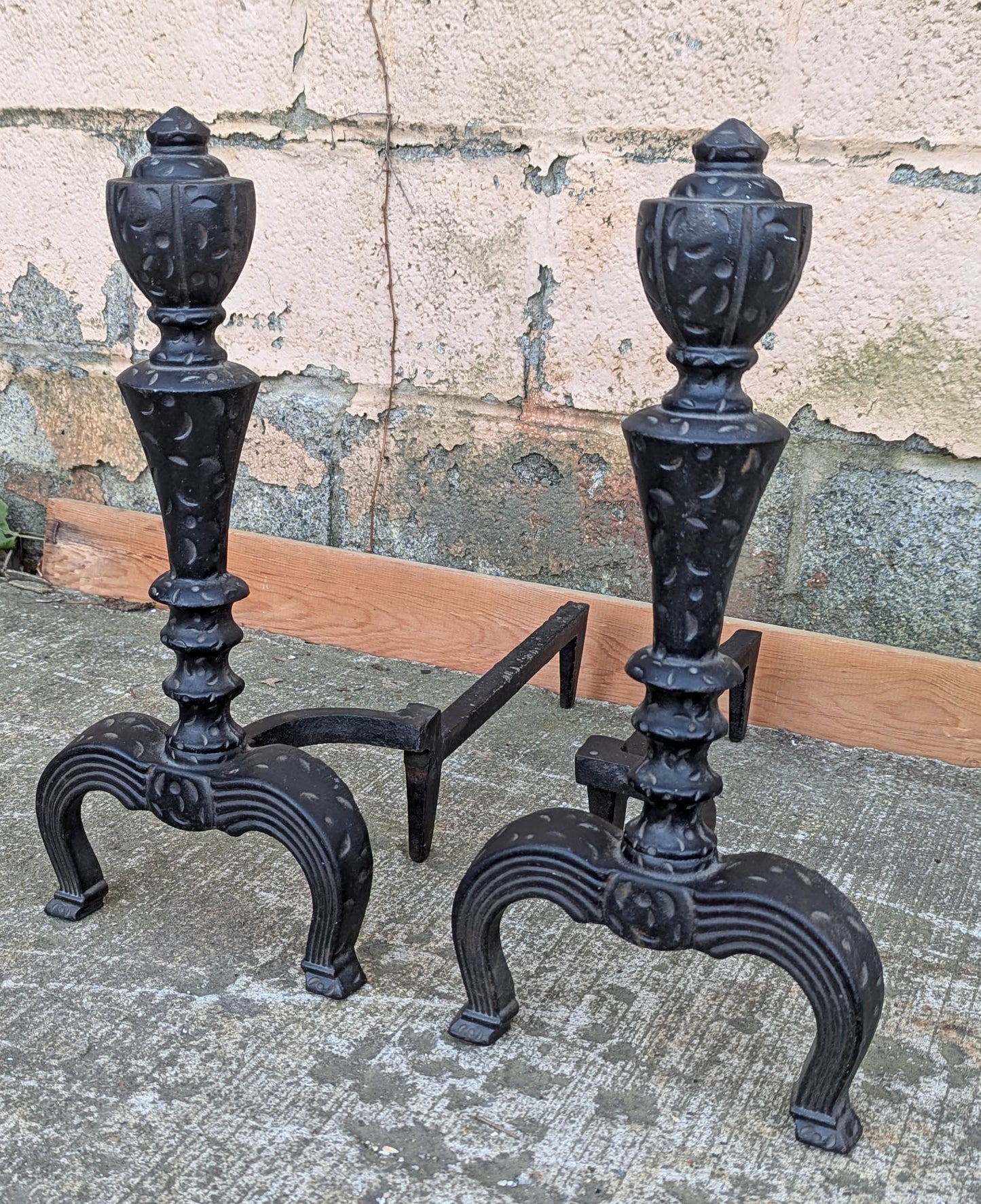 2 available 18"H Pair Vintage Antique Old Cast Iron Arts & Crafts Mission Fireplace Andirons Fire Dogs Log Holders