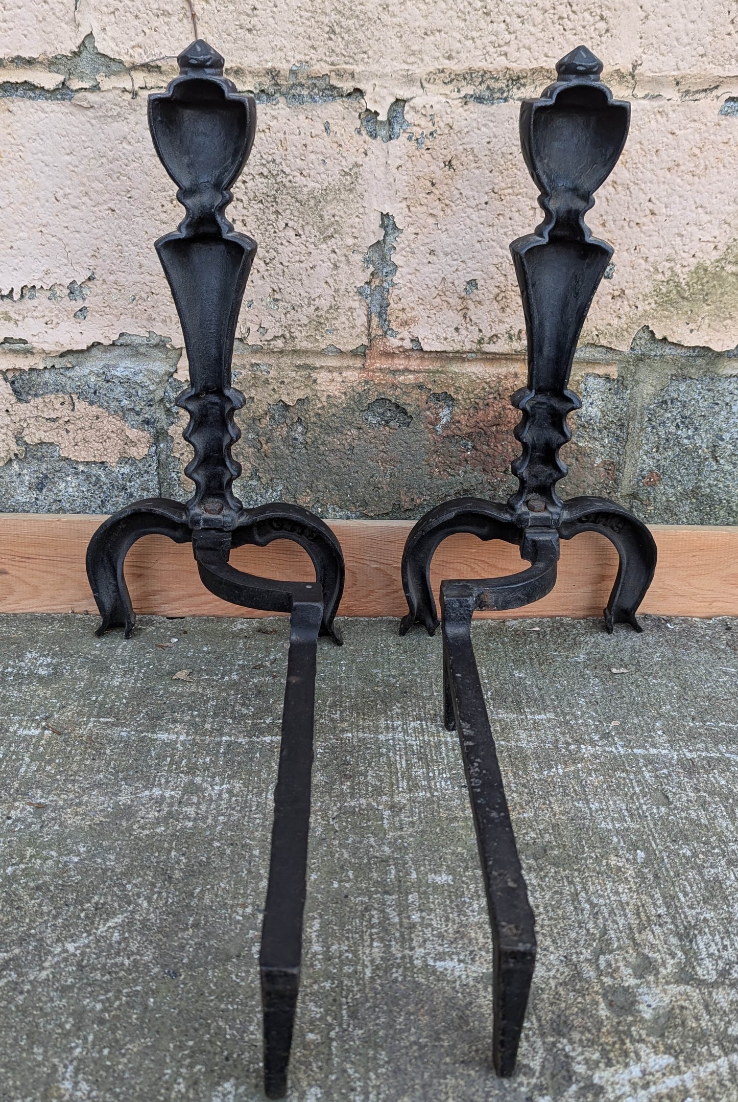 2 available 18"H Pair Vintage Antique Old Cast Iron Arts & Crafts Mission Fireplace Andirons Fire Dogs Log Holders