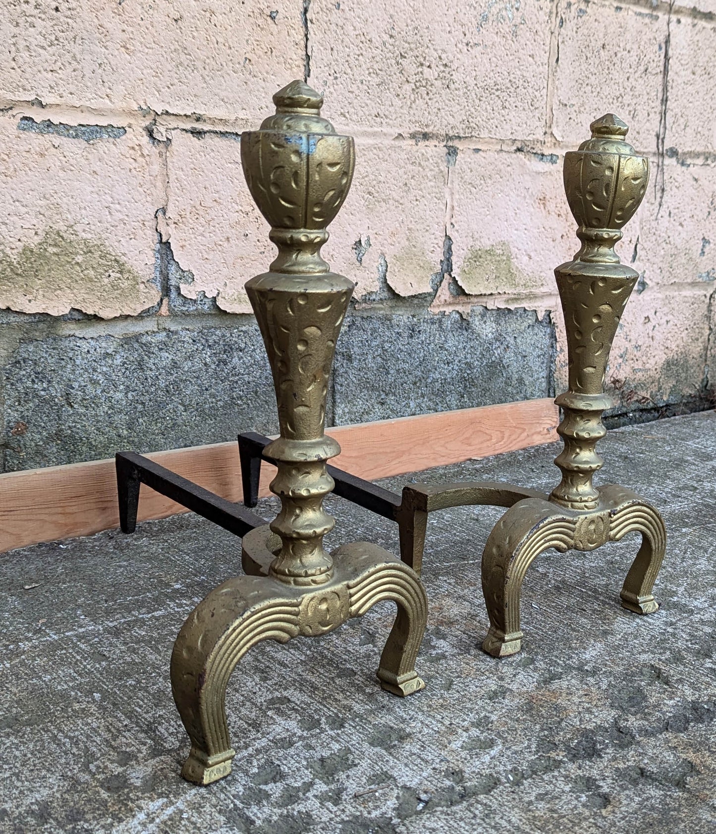 2 available 18"H Pair Vintage Antique Old Cast Iron Arts & Crafts Mission Fireplace Andirons Fire Dogs Log Holders